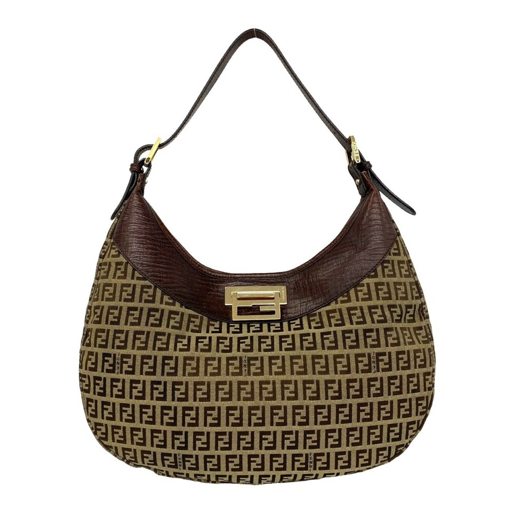 FENDI Vintage Zucchino FF Logo Pattern Leather Canvas Semi Shoulder Bag Brown...